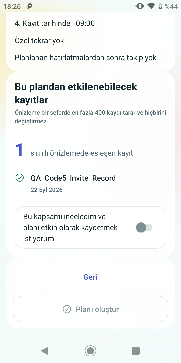 Reminder Automation review with one matching record and an unchecked activation control