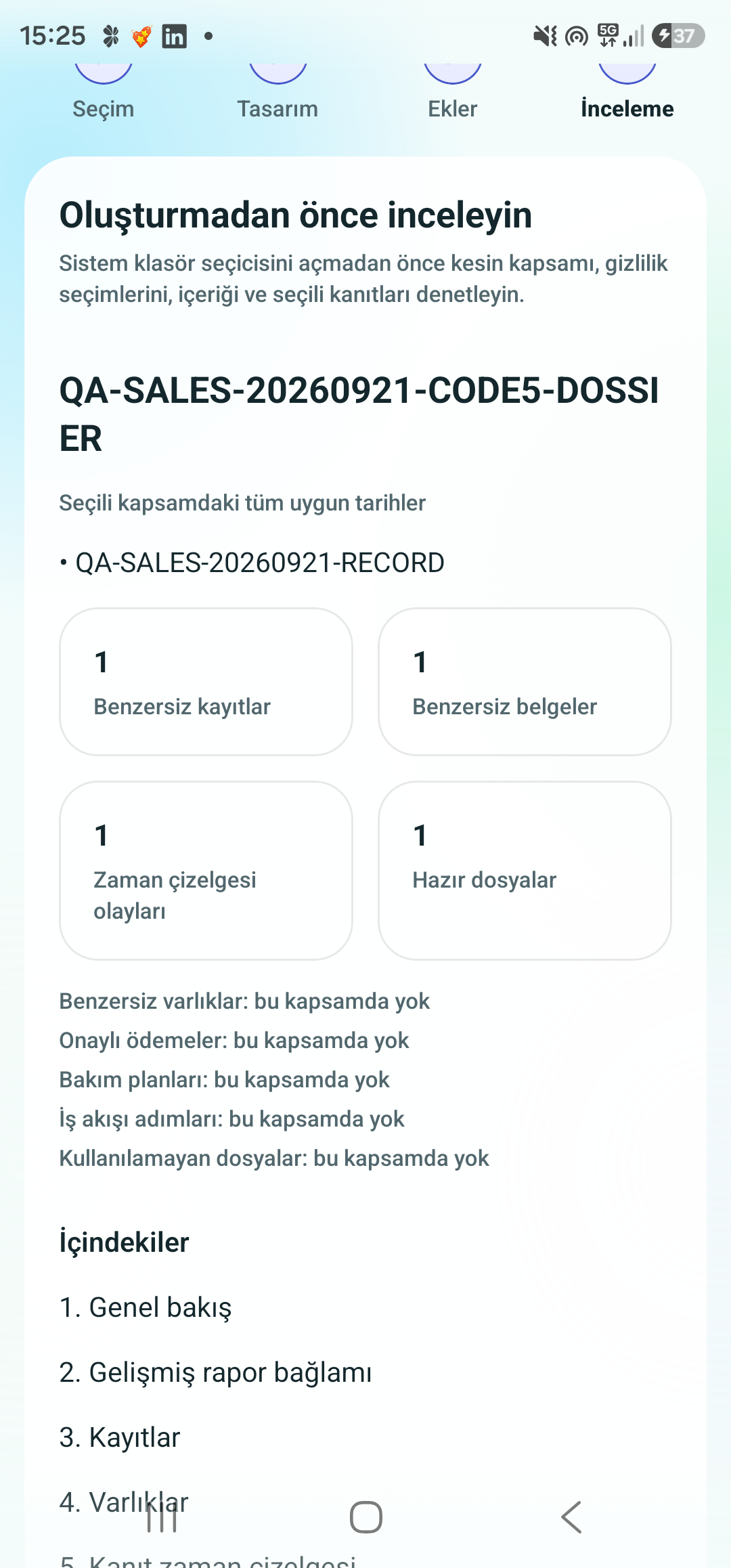 Evidence Dossier Pro review summarizing one record and one document before export